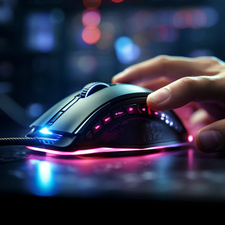 Close up of hand using computer mouse with colorful bokeh backgroundの素材