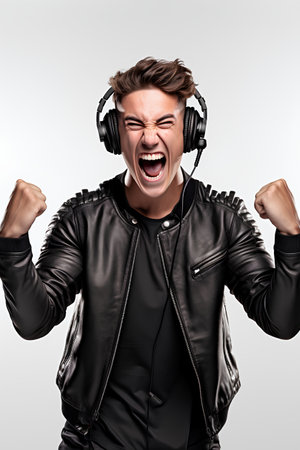 Portrait of a screaming young man in a leather jacket and headphones.の素材