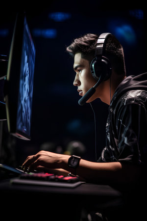 Young man playing video games on computer with headphones and mouse in dark roomの素材