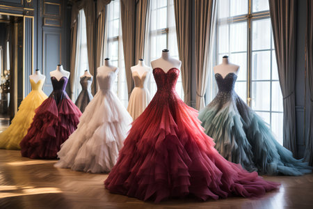 Wedding dress on a mannequin in the room.の素材