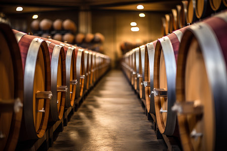 Wine barrels stacked in the cellar of a winery or cellarの素材