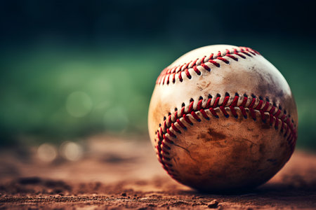 Baseball ball on a baseball field. Soft focus. Vintage style.の素材