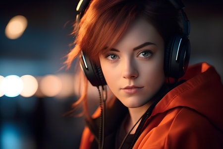 Portrait of a beautiful young woman with headphones listening to music.の素材