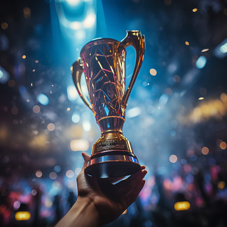 Hand holding a trophy cup on a blurred background of the stage.の素材