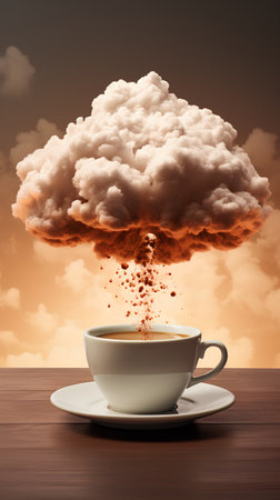 Cup of coffee on wooden table with cloud and sky at backgroundの素材