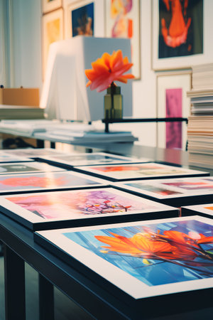 Close-up of a collection of photos on the table in the galleryの素材