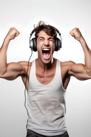 Young handsome man listening to music on headphones and showing his muscles.の素材