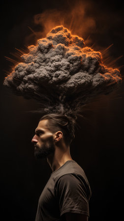 Man with burning cloud above his head on dark background. Mental health conceptの素材