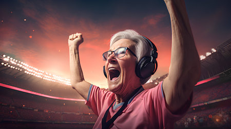 Cheering senior man with headphones on the football stadium background. Sport conceptの素材