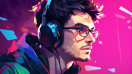 Portrait of a young man with headphones listening to music. Vector illustration.の素材