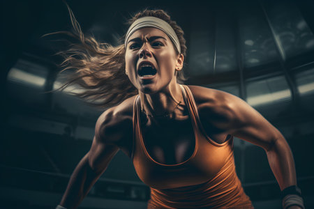 Portrait of a young woman running in the stadium. Sport and healthy lifestyle.の素材