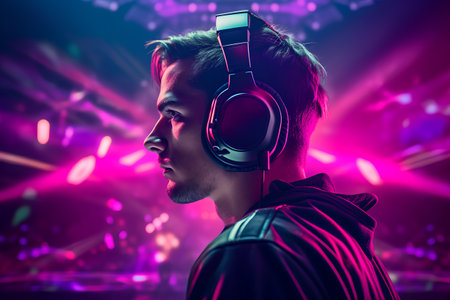 Portrait of a young man with headphones on a nightclub background.の素材