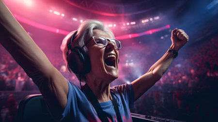 Portrait of a happy senior woman in headphones dancing in front of a concert stage.の素材