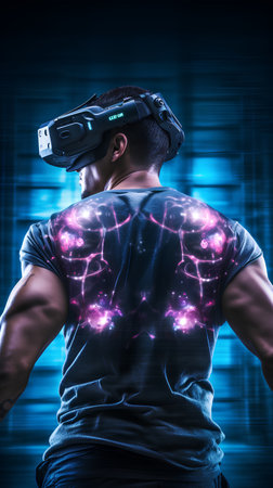 Man wearing virtual reality glasses. Future technology concept. 3D Renderingの素材