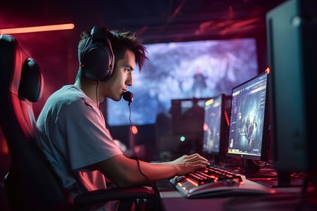 portrait of young asian man playing online video games with headphonesの素材