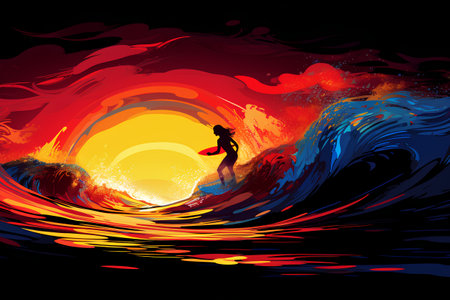 Surfer girl on the ocean wave at sunset. Vector illustration.の素材