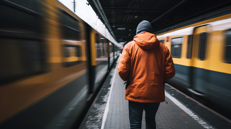 Back view of a man in a red jacket with a backpack waiting for a train.の素材