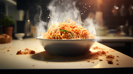 Spaghetti in a bowl on a table in the kitchen with smokeの素材