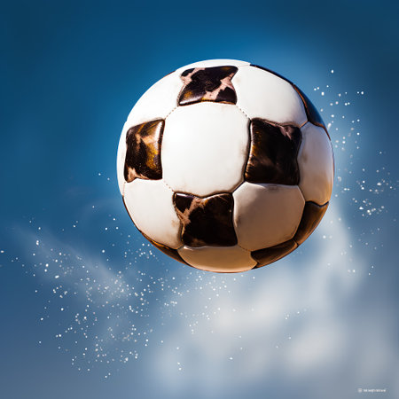 Soccer ball flying in the blue sky with clouds. 3d renderingの素材