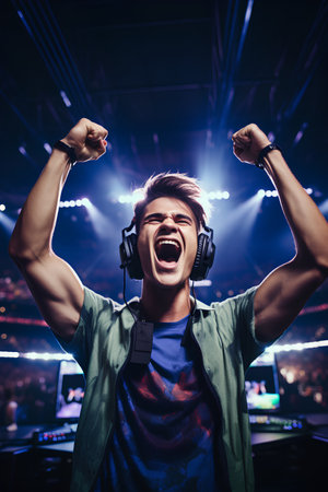 Portrait of a happy young man in headphones having fun at a party.の素材