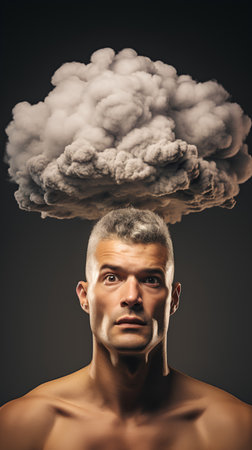 Head shot of a man with a cloud above his head on dark backgroundの素材