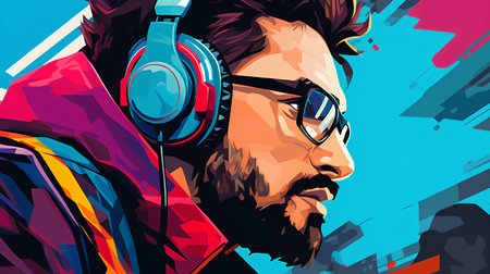 Hipster man with a beard and headphones. Vector illustration.の素材