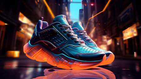 Sneakers on the street. 3D rendering. Neon lights.の素材