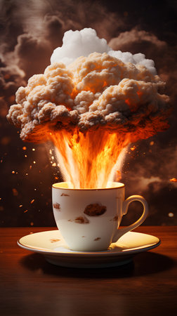 Cup of coffee with explosion in the sky. 3d illustrationの素材
