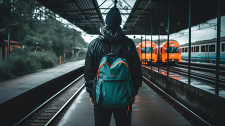 Young man with backpack standing on platform of railway station waiting for trainの素材