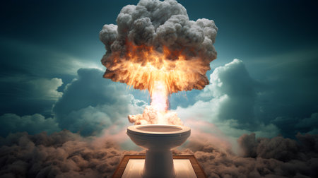 Conceptual image of nuclear explosion with smoke coming out of the toiletの素材