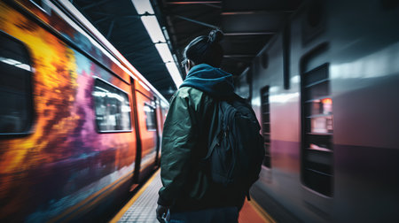 Young man with backpack waiting for the train at the platform of the stationの素材