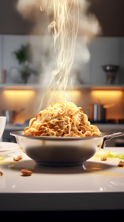 Spaghetti with walnuts in a white bowl on the kitchen tableの素材