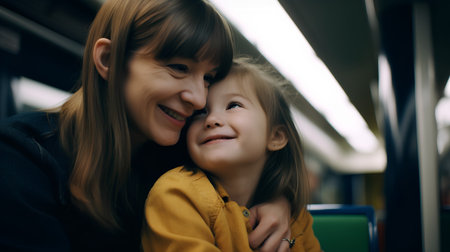 Mother and daughter on the train. Portrait of a happy family.の素材