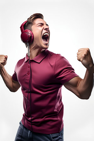 Handsome young man listening to music with headphones and dancing.の素材