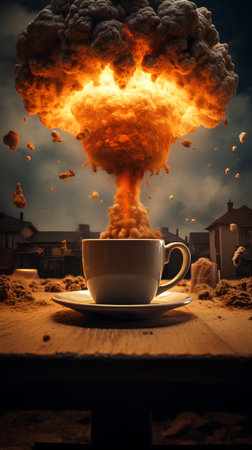 Cup of coffee with explosion on wooden table. 3d renderingの素材