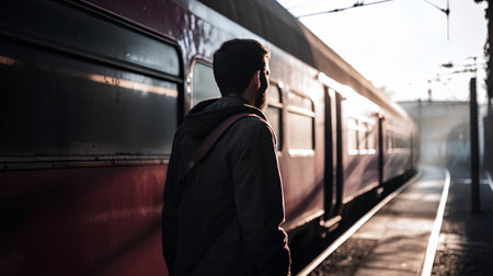 Silhouette of a young man standing at the train station.の素材