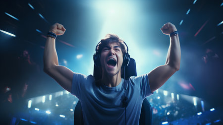 Portrait of a young man with headphones on the background of the stageの素材