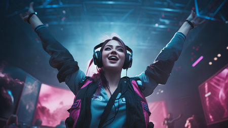 Portrait of a beautiful young woman with headphones dancing in the nightclubの素材