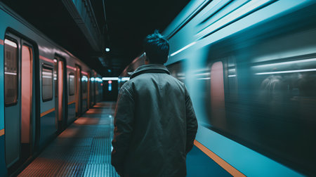 A young man is waiting for a train in a metro station.の素材