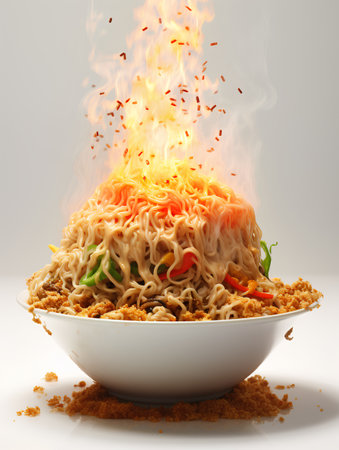 Noodles with fire isolated on white background. 3d illustrationの素材