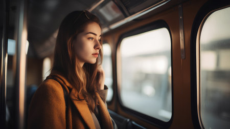 Beautiful young woman traveling by train. Girl with long hair and brown coat.の素材