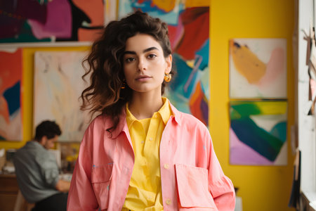 Portrait of a beautiful young brunette woman with curly hair in a bright pink blouse and yellow t-shirt in an art studioの素材