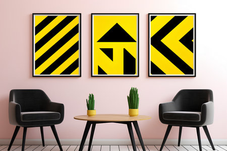 Interior of modern living room with black armchair, coffee table and yellow warning sign on pink wall. 3d renderingの素材