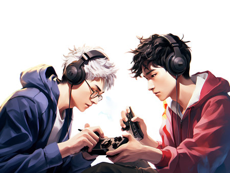 Two young men playing video games. Isolated over white background.の素材