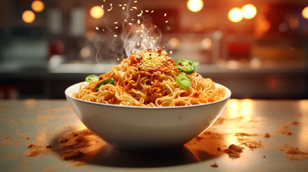 Bowl of spicy instant noodle on the table in the kitchenの素材