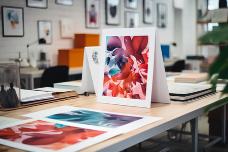 Designer desk with a lot of colorful photos. Mock up.の素材