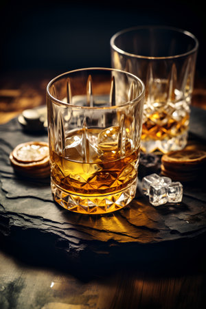 Two glasses of whiskey with ice cubes on a black stone background.の素材