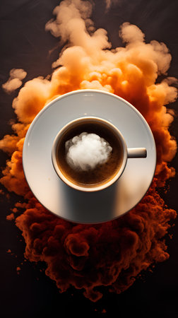 Cup of coffee with smoke on a black background. 3d renderingの素材