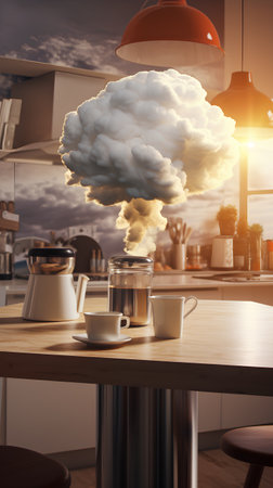 Composite image of coffee cup and teapot on tableの素材
