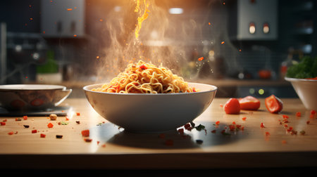 Spaghetti in a bowl with fire on the background of the kitchenの素材